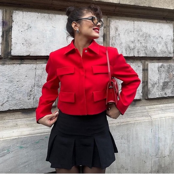 ZARA WOMEN RED SHORT CROPPED FLAP JACKET BLAZER WITH FLAPS - Picture 10 of 15